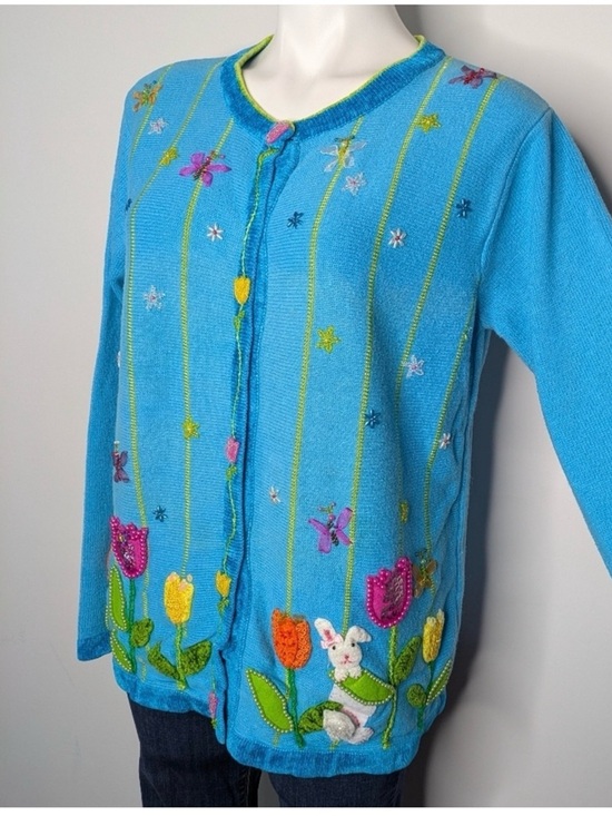 Quacker Factory Bright Turquoise Floral Embroidered Cardigan - Picture 2 of 6